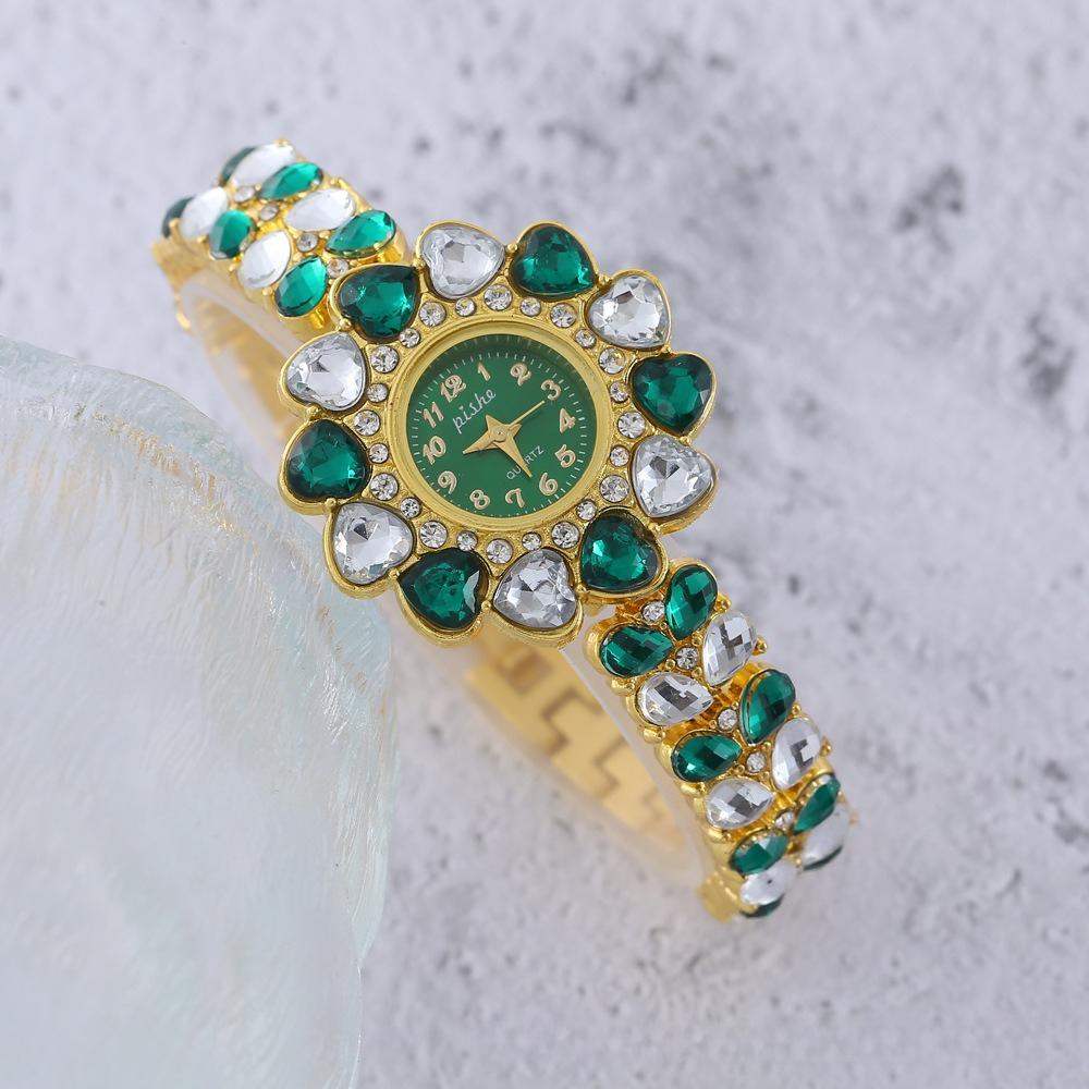 Women Heart Rhinestone Watches Flower Dial Bracelet Strap Quartz Watch Clock