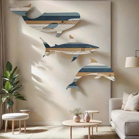3 Stück Holzfisch Wanddeko Rustikaler Walhai Delfin Strand Küsten Wandkunst Nautische Wandbehang Skulptur für Badezimmer Seehaus Dekor