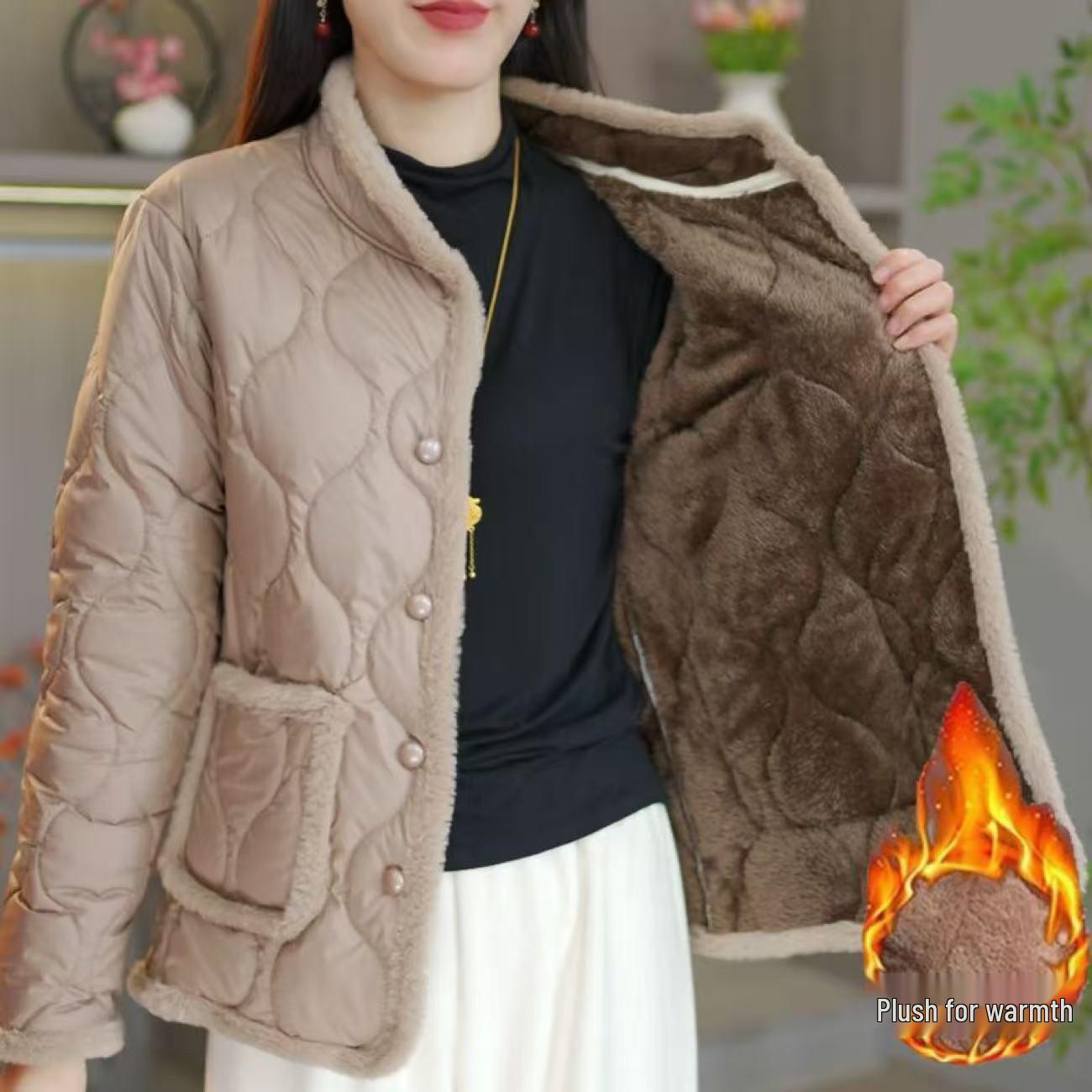

Autumn-Winter Thickened Cotton Coat for Mothers, Mid-Aged, Velvet-Lined, Stand Collar, Chinese Style Warm Outerwear 3XL 55-63 kg