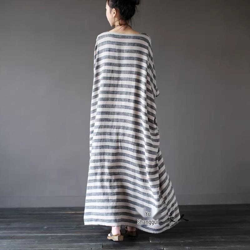 2024 Spring Ethnic-Style Mid-Length Striped Cotton Linen Dress for Women