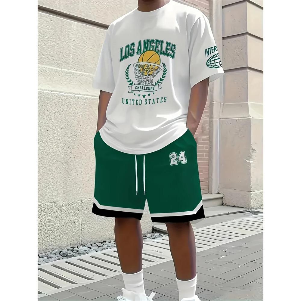 Frühling Sommer Herren Einfache Basketball-bedruckte Rundhals-T-Shirts Shorts Modisch Bequem Atmungsaktiv Kurzärmelige Sportbekleidung