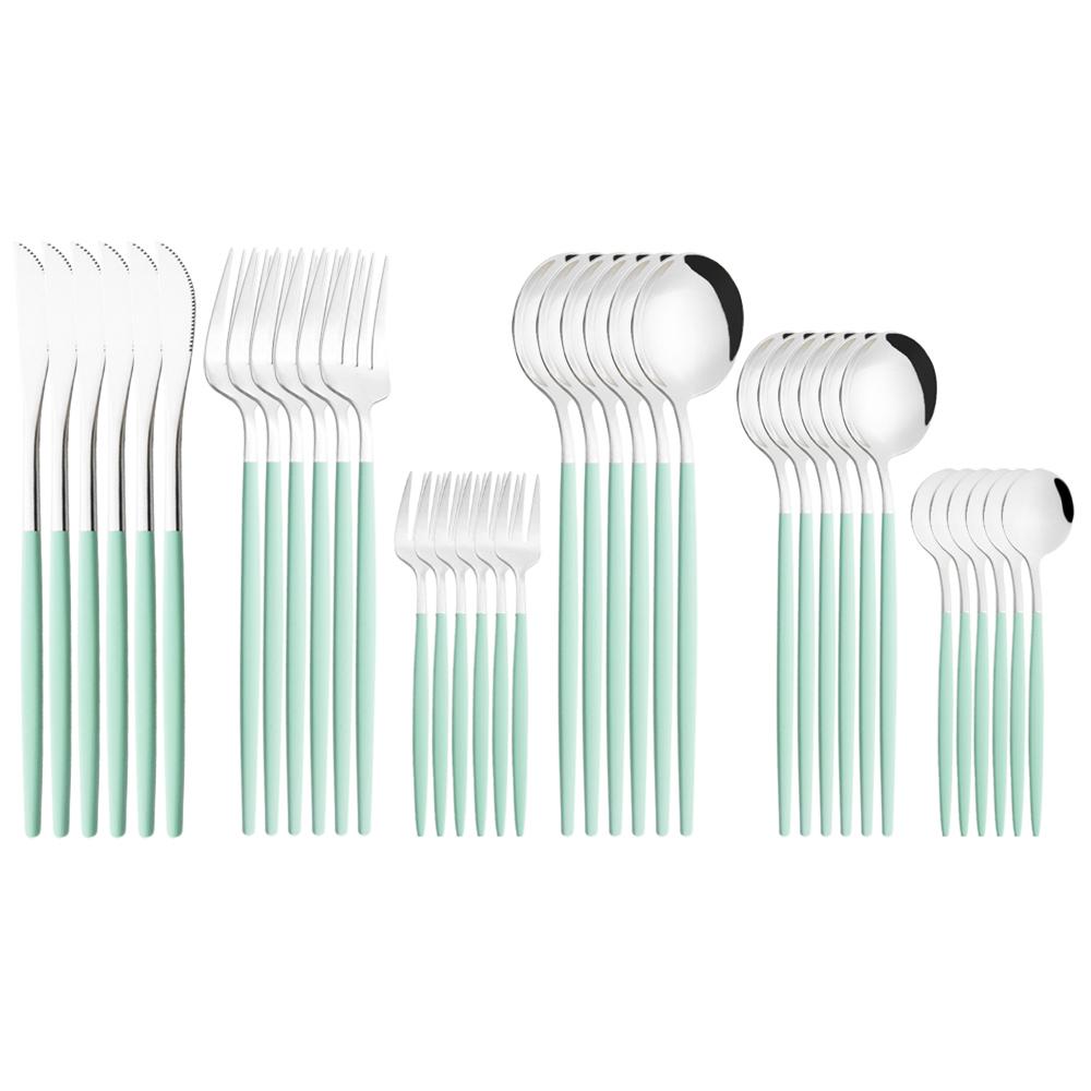 New 36Pcs Mint Gold Cutlery Set Western Silverware Stainless Steel Dinnerware Knife Fork Spoon Tableware Flatware Kitchen Wedding Accessories