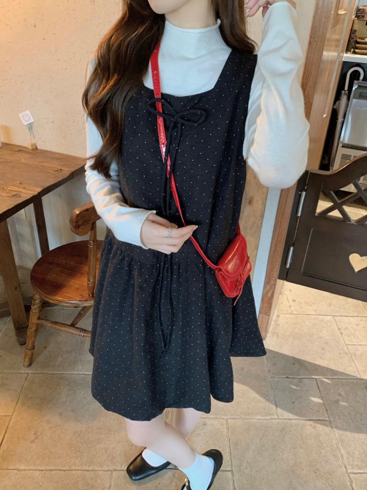 Herbst/Winter Koreanischer Stil Schlankmachendes Gepunktetes Woll-Westenkleid mit Schleife - Damen