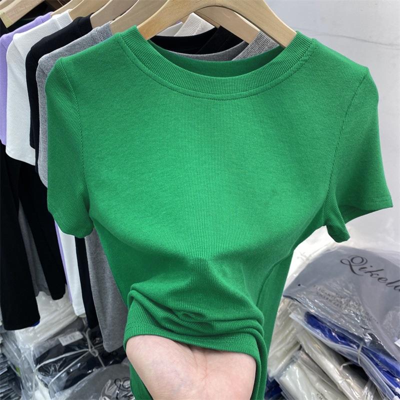 Women's Slim Fit Crew Neck T-shirt Summer New Modal Stretch Short Sleeve Top Solid Color Basic Tee