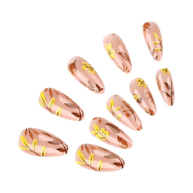 24Pcs Maple Leaf Desings Halloween Stick on Nail Thanksgiving Gift Almond False Nails for a Festive Autumn Nail Makeover