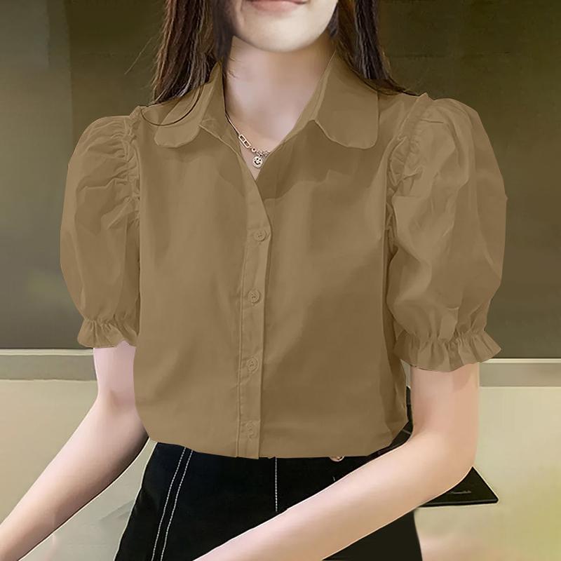 

VONDA Women Summer Shirt Collar Lantern Short Sleeve Blouses 2XL хакі