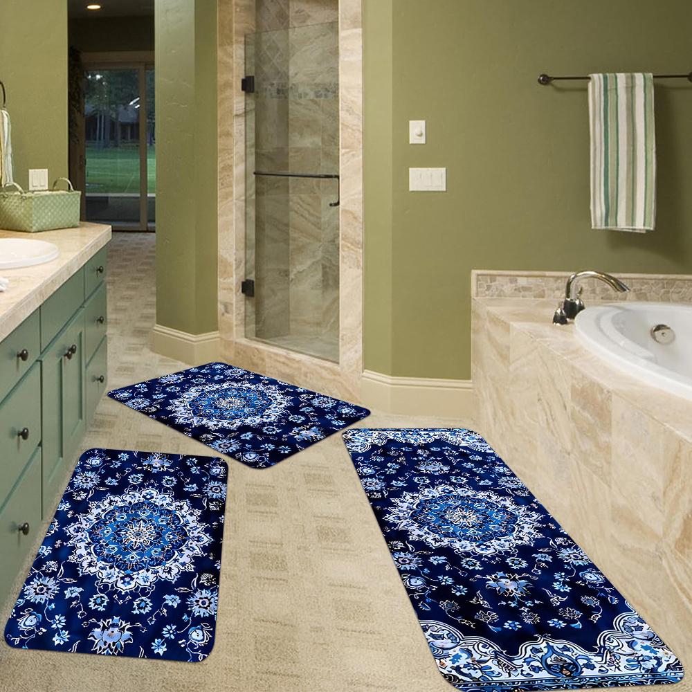 1Pcs Anti Fatigue Kitchen Rugs, Bohemian Blue Print Waterproof Non-Slip Thick Cushioned Kitchen Mat Heavy Duty Comfort Standing Mat for Kitchen