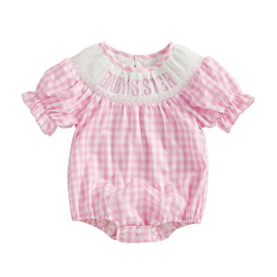 Baby Girl Short Sleeve Romper Letter Embroidered Plaid Smocked Round Neck Ruffled Summer Jumpsuits