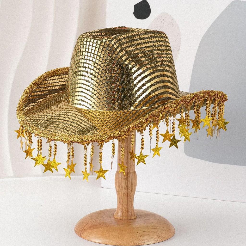 Unisex Sequin Tassel Star Cowboy Jazz Hat with Wide Brim