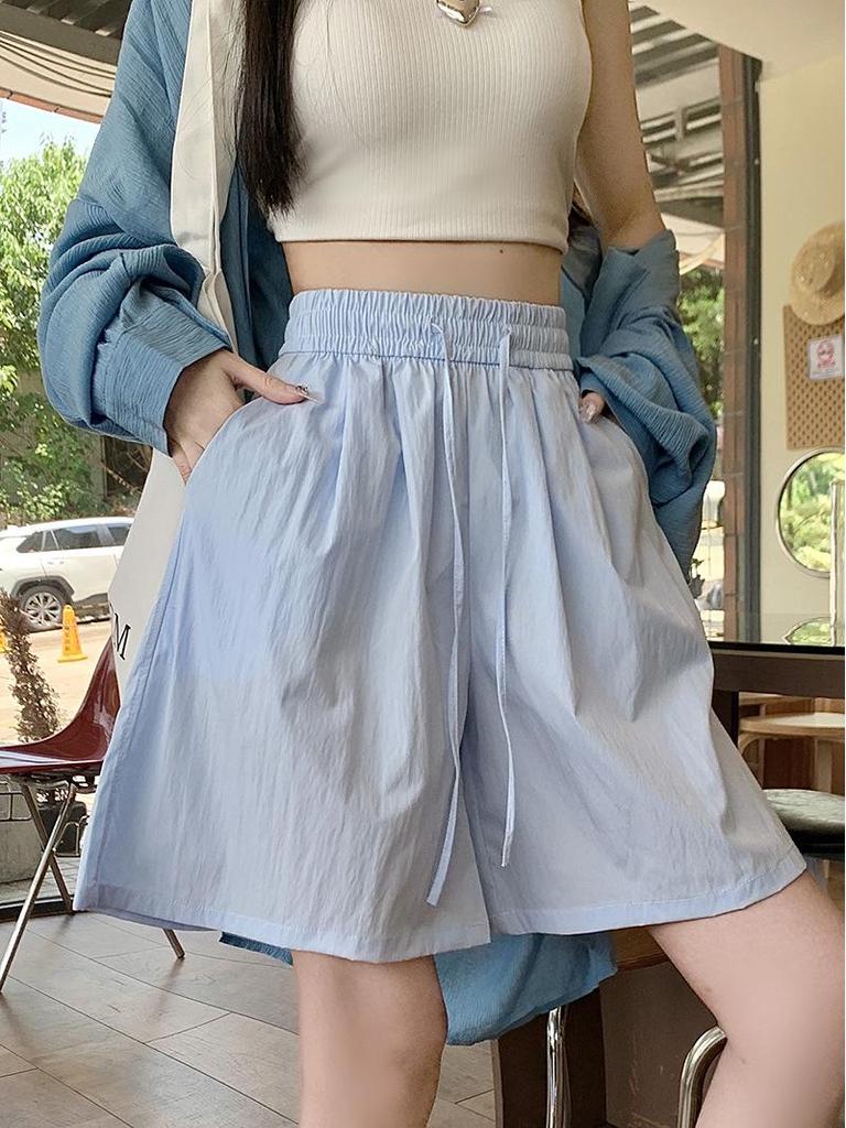 Apricot Ice Silk Women's High-Waist Casual Mid-Length Wide Leg Sports Shorts - Summer 2025