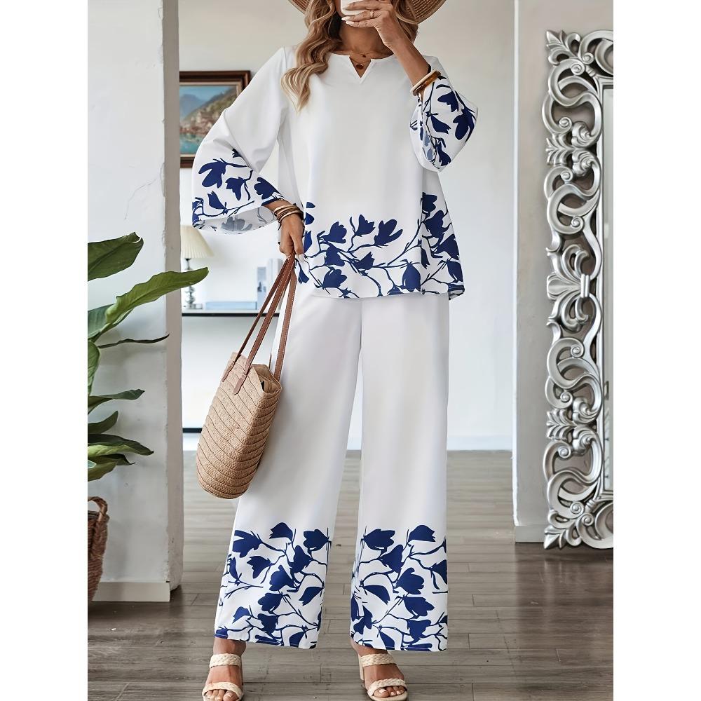 Women's Loose Fit Two-piece Outfit Set Three Quarter Sleeve Blouse High Waist Wide Leg Pants Floral Print Casual Lounge Matching Suit