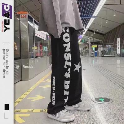 Men's Korean Style Casual Hip-Hop Letter Print Straight-Leg Trousers for Spring and Autumn