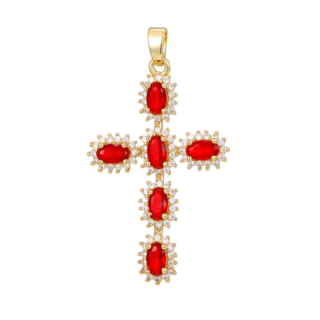 Gold-Plated Multi-Color Zirconia Cross Necklace with Full Diamond Design