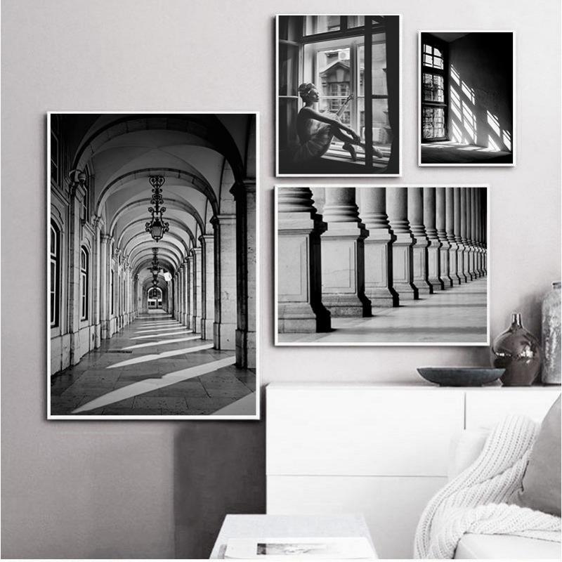 Scandinavian Black and White Building, Canvas, Painting for Girls, Wall Art S, Prints, Wall Panels for the Living Room,
