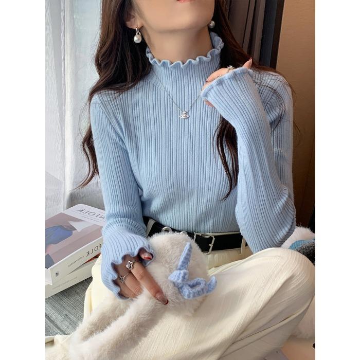 

autumn Knitted Turtleneck Long Sleeve Slim Jumper Tops Women Sweater Pullover solid ruffles Ladies Casual Shirts Soft Sweaters One Size