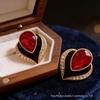 Heart-Shaped Gold-Edged Earrings with Black and Rhinestone Design, Red Stone, Retro Fashion Style