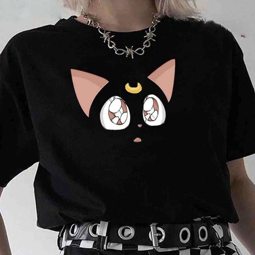 Cute Moon Cat Face Graphic Print Black T-shirt XL