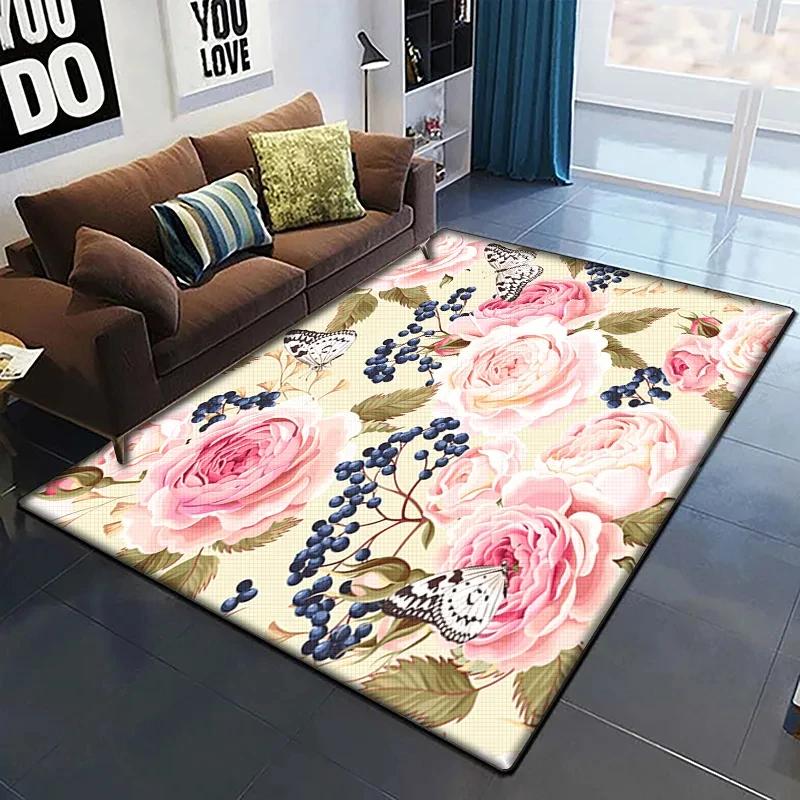 Rose Flower Print Carpet Living Room Rugs Anti-Slip Bedroom Bathroom Home Sofa Decor Floral Floor Mats Balcony Hallway Doormat