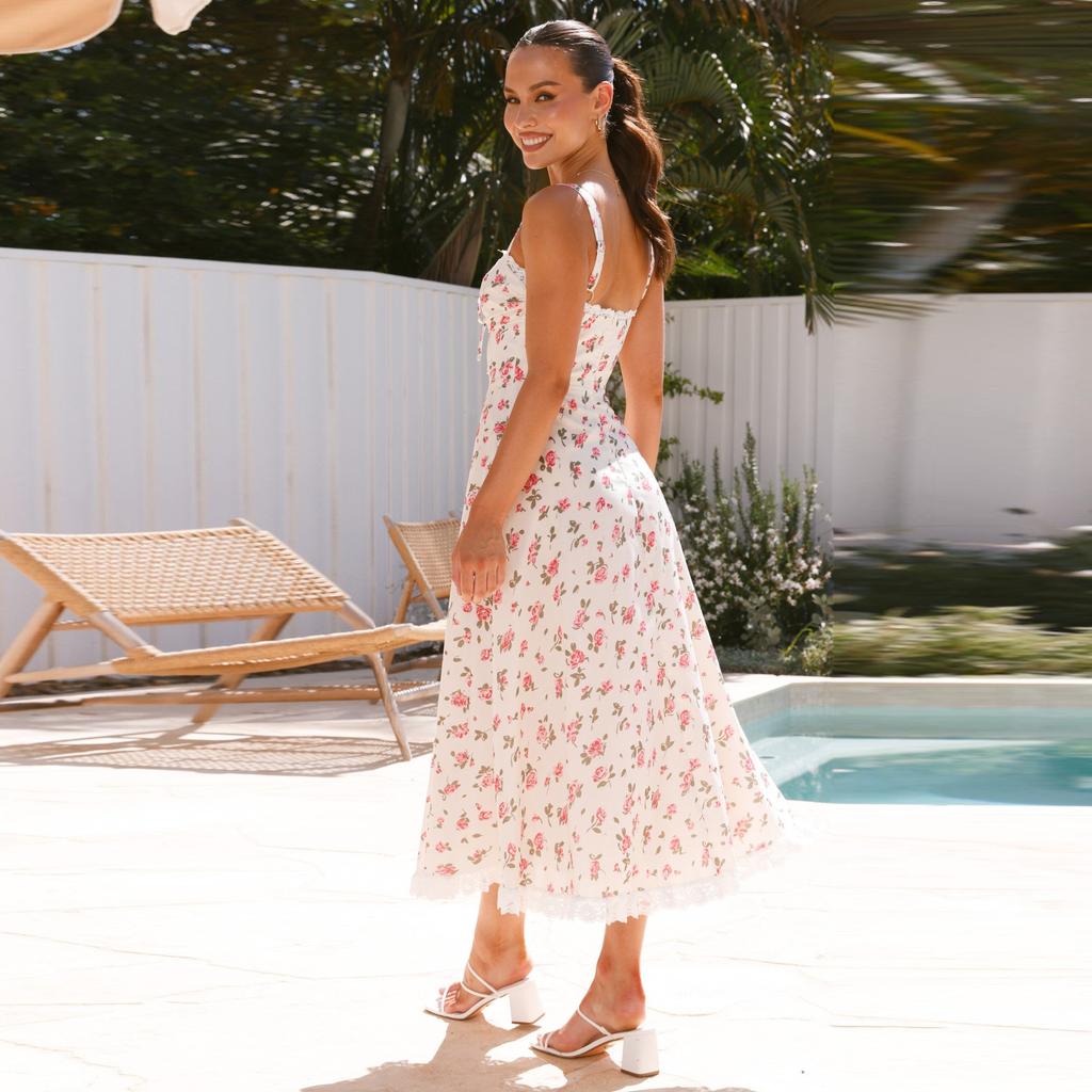 YYFS Dámská móda Léto Jaro Květinový potisk Podvazky bez rukávů Ležérní šaty s vysokým pasem