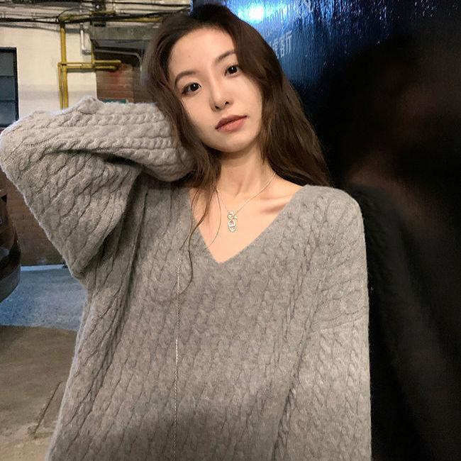Retro Nische lose Pullover Pullover weiblich V-Ausschnitt Pullover Pullover Frauen weiche wachsartige süße Oberbekleidung gestrickte Twist Pullover weiblich