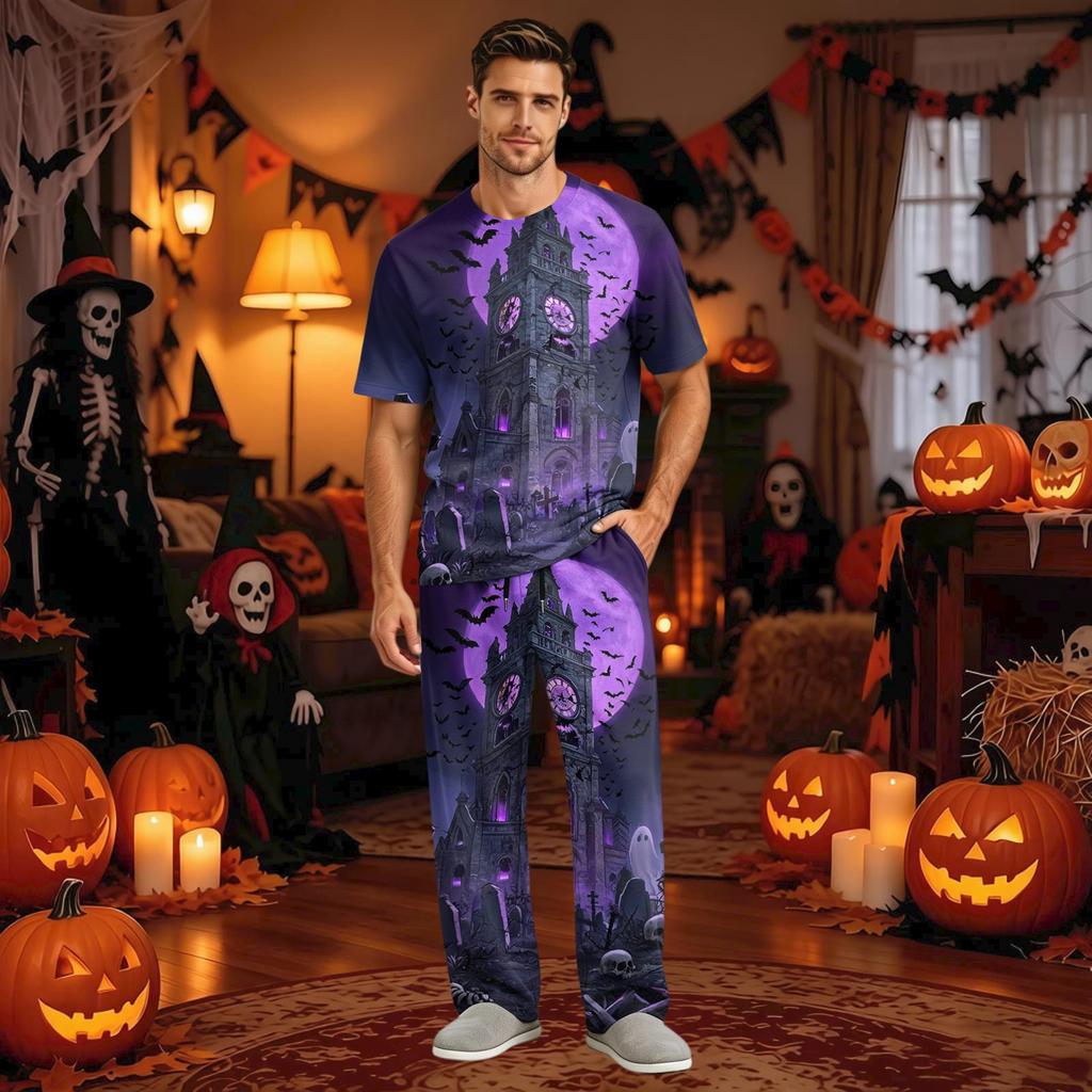 Men's Short Sleeve Pajama Set with Button Crotch and Elastic Drawstring Waist Sleepwear