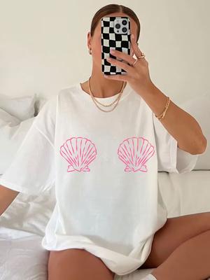 Pink Shell Print Tshirt Casual Double Shell Graphic Short Sleeve Round Neck Shoulder Tops Unisex Summer Beach Essential Tee