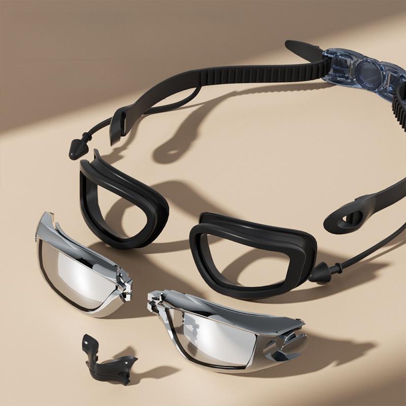 Schwimmbrille Schwimm-Ohrstöpsel Professionelle Wasserdichte Brille HD Anti-Beschlag UV Silikon Verstellbare Brille Herren Klare Brille