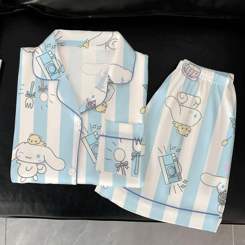 Blue Striped Little White Dog Ice Silk Pajamas Women'S Summer Short Sleeve Student Thin Homewear Set