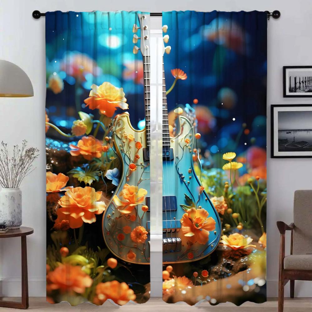 Antique Guitar Curtain Room Panel Curtains Bedroom Home Interior Halloween Decoration Shades Blinds Darkening Polyester Ideal For Master