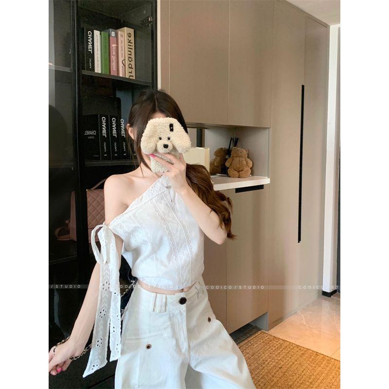 Kumikumi Design Sense Lace White Silk Crochet Sloping Shoulder Short sleeve T-shirt Women Summer Slimming Versatile Top