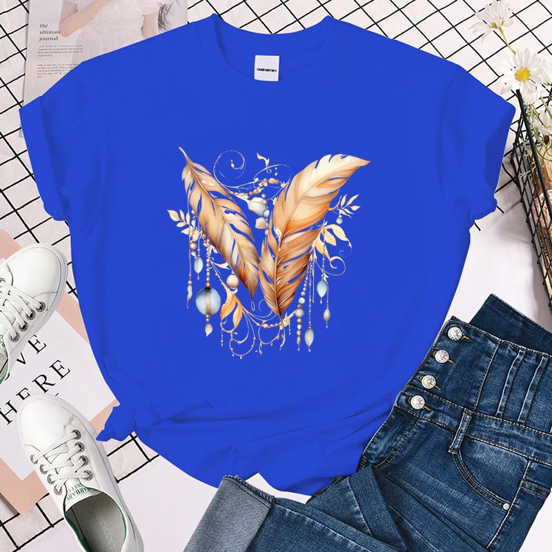 Feather Printed T-Shirts for Women Summer Short Sleeve Tee Shirts Round Neck Casual Summer Ladies Tops