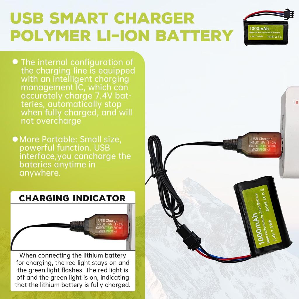 2PCS 7.4V 1000mAh 2S Li-ion Battery with SM-3P Plug and USB Charging Cable for DE82, TK3086B, G20601 RC Remote Control Car, TK-3082B, Special