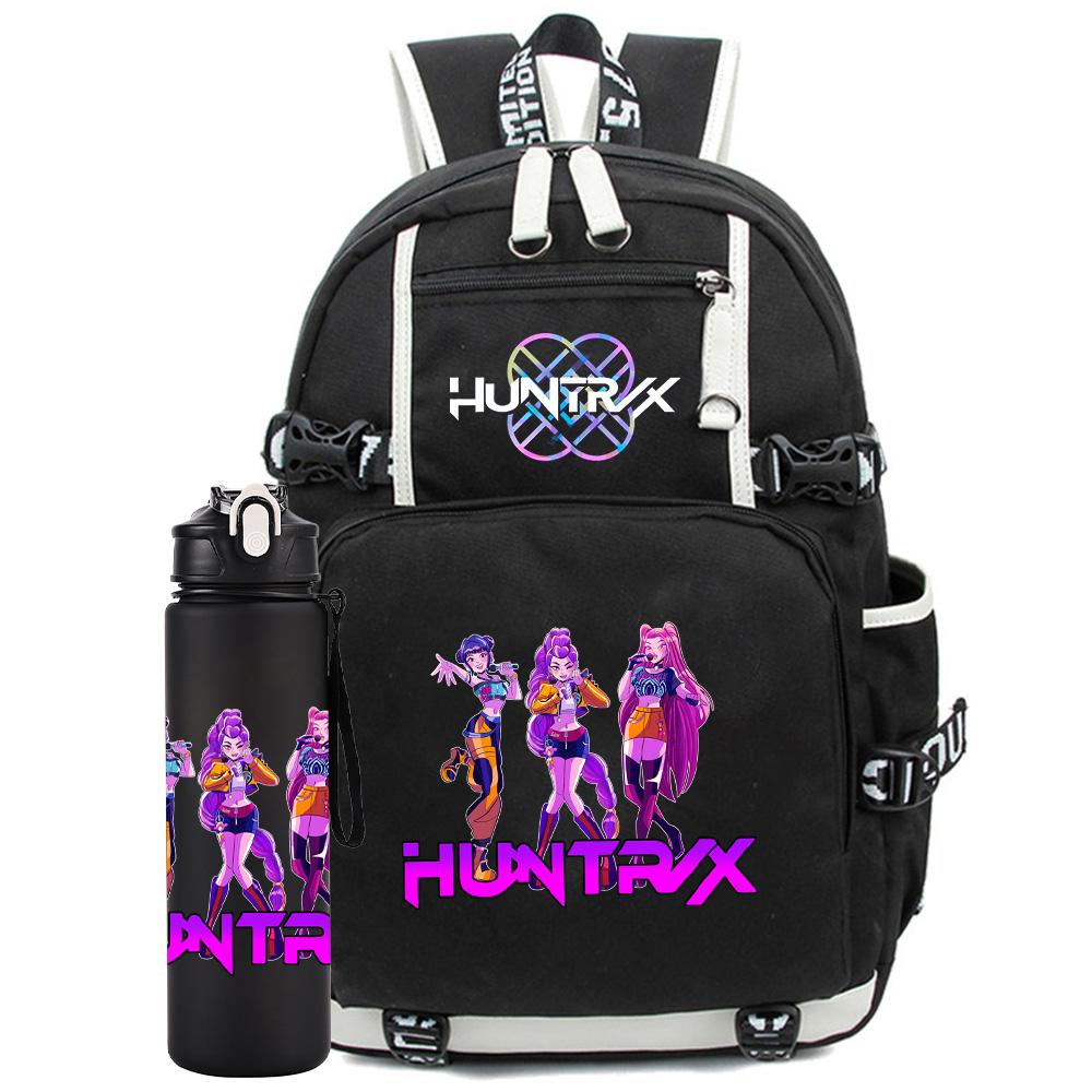 2Pcs/set Anime K-Pop Demon Hunters Printed Backpack with 750Ml Water Bottler for Teenager Student Girl Boy Large Capacity Waterproof Bookbag Gift