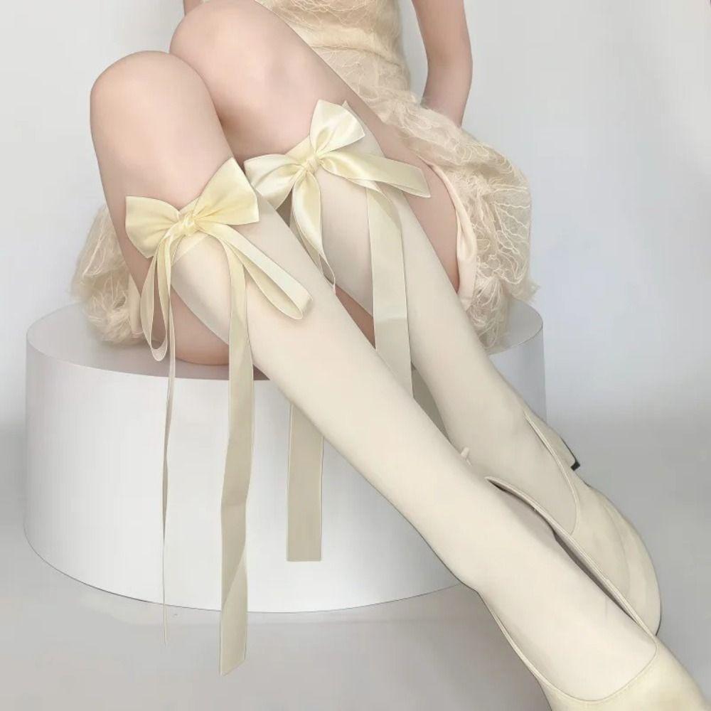 1Pair Fashion Nylon Middle Tube Sock Black White Bowknot Harajuku Sock Bowknot Sock Spring Summer