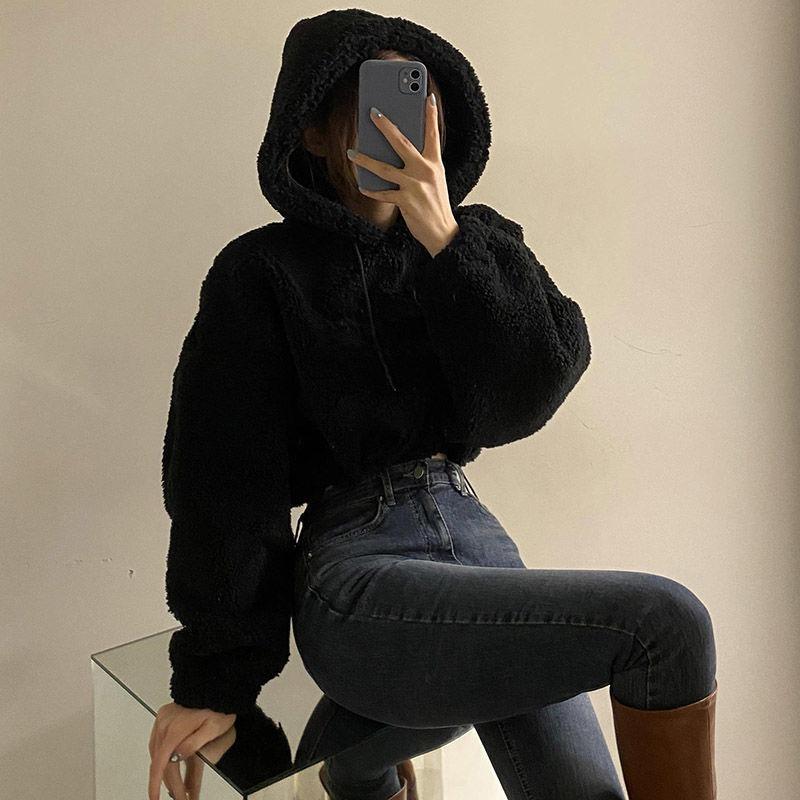 Lammwolle Kapuzenpullover Damen Kordelzug Locker Lässig Kurze Plüschjacke Verdickt und Samt Herbst und Winter Neu