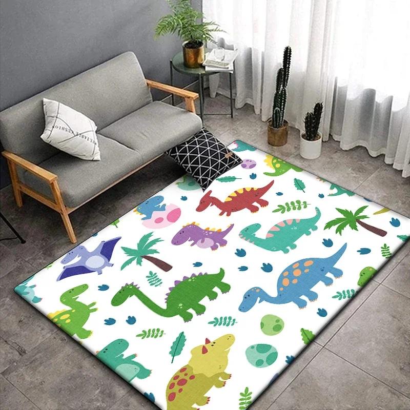 1 pieza Alfombra linda con estampado de dinosaurio de dibujos animados para sala de estar, dormitorio, alfombra para gatear para niños resistente a las arrugas, alfombra de suelo antideslizante