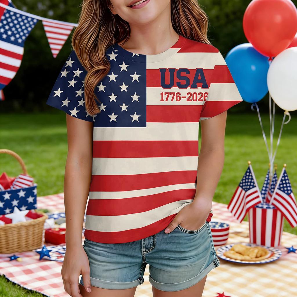 Kids Independence Day Print Round Neck Short Sleeve Casual T-shirt
