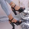 2026 European & American Plus Size Open-Toe One-Strap Buckle High-Heeled Sandals with Chunky Heel.