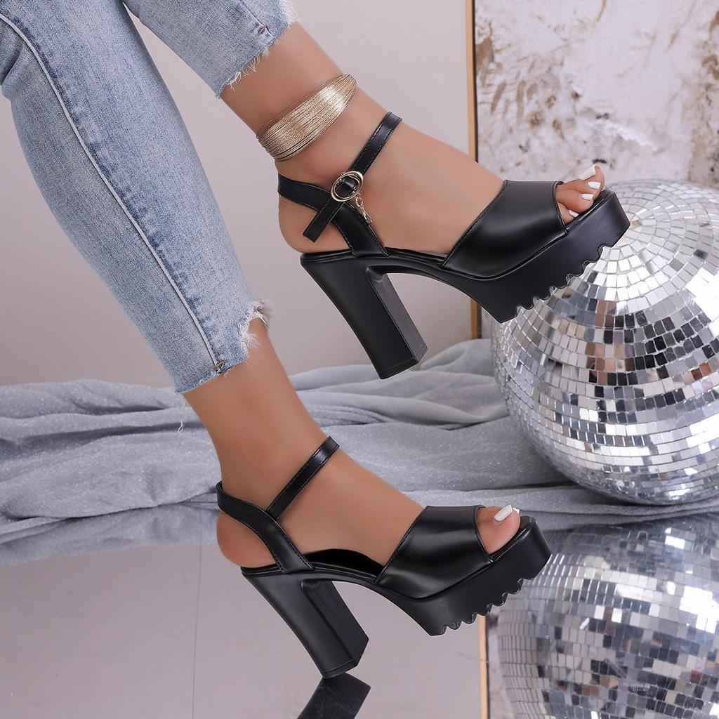 2026 European & American Plus Size Open-Toe One-Strap Buckle High-Heeled Sandals with Chunky Heel.