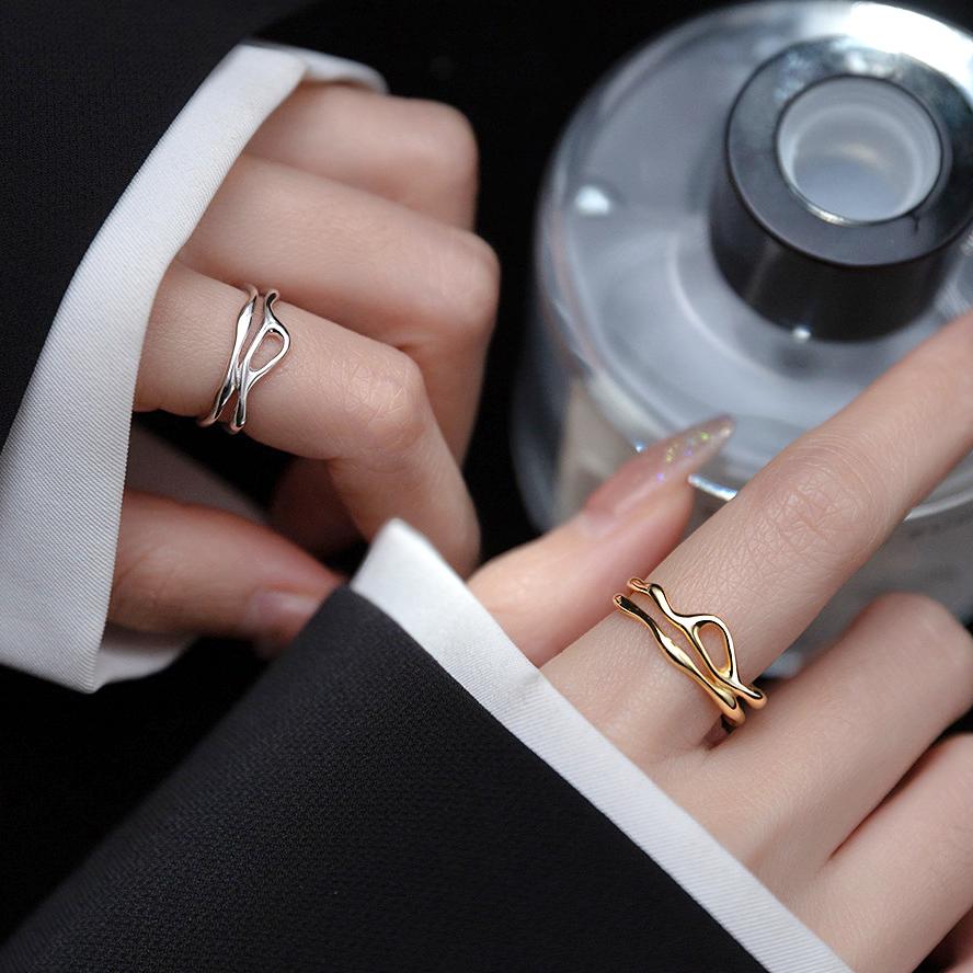 Silver Color Irregular Hollow Double Line Geometric Ring Female Simple Unique Design Fashion Adjustable