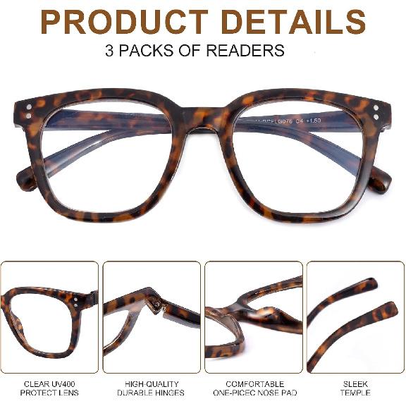 3 Pack Reading Glasses for Women Men, Square Blue Light Blocking Reading Glasses with Spring Hinge Anti Eyestrain Eyeglasses, Computer Readers with