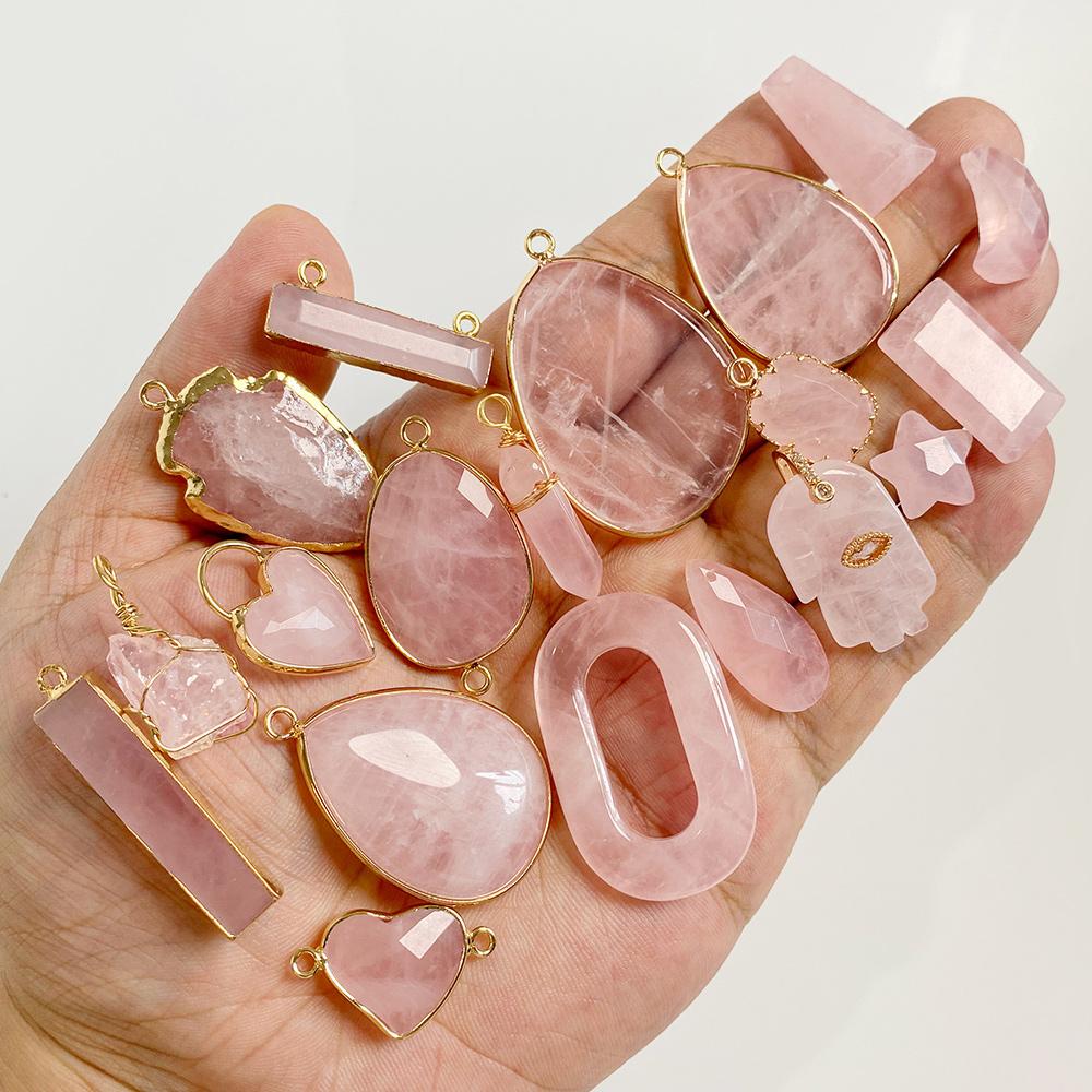 2pcs Natural Rose Pink Crystal Quartz Stone Pendant Conector Charm For Handmade Women Necklace Bracelet Earring Jewelry Making