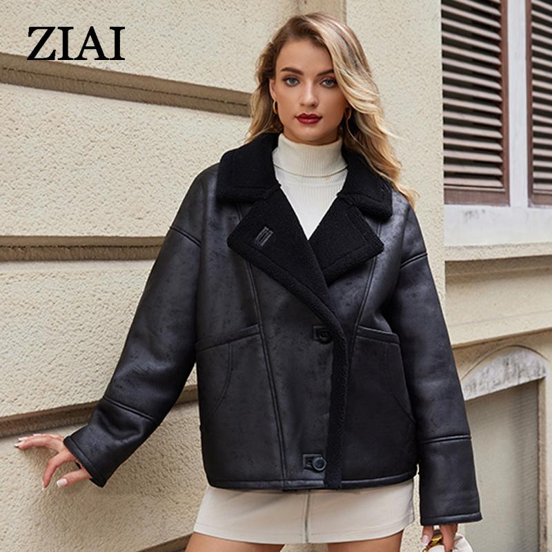 

ZIAI 2024 зимняя куртка из искусственной кожи для женщин, теплое пальто с меховым воротником, женские парки из искусственной кожи, модная верхняя одежда из меха и кожи для девочек ZN-E30186 XL чёрный