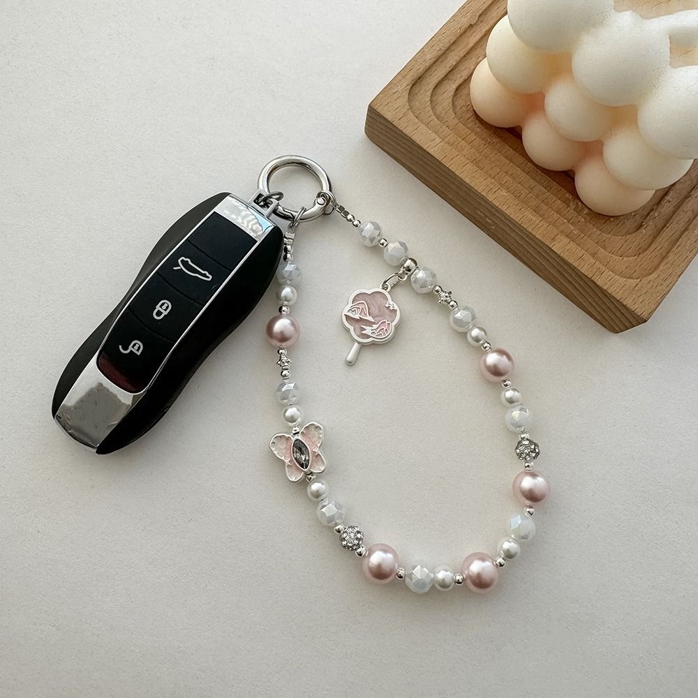 

Butterfly Crystal Beads Lanyards Fan Pattern Crystal Wrist Phone Chain Mobile Phone Pendant рожевий