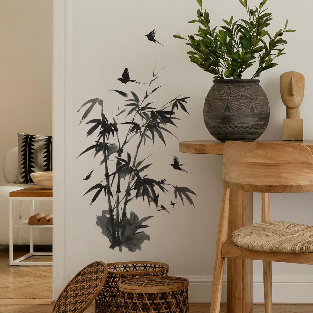 Chinese-style Ink-wash Painting Bamboo Background Decorative Wall Stickers for Study and Living Room