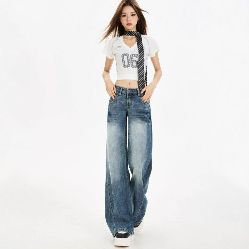 Jeans Female Fall Big Yards Loose Low Waist Hundred Match Show Thin Wide Leg Straight Pants Retro High Waist Street Style Baggy Long Jeans for Ladies
