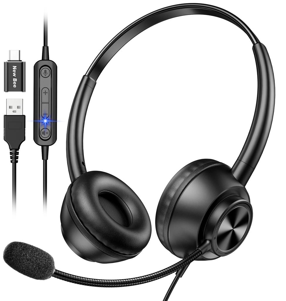 New Bee Kablet headset med mikrofon, USB-A/USB-C-kompatibel, 270° rotasjon, binaural, støyreduserende mikrofon og online kontroll, kompatibel med Zoom,