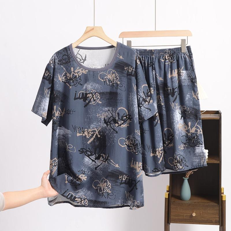 Summer Men's Cotton and Silk Pajamas, Short-sleeved, Large-sized Loose Casual Printed Home Wear, Can Be Worn As An Outer Suit