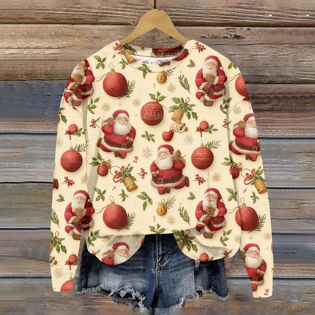Women's Fashion Christmas Printed Long Sleeve Loose Round Neck Sweatshirt Top