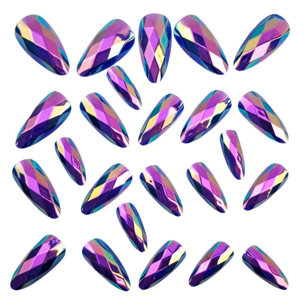 Purple Iridescent 3D Electroplated Rhombus Glossy Almond False Nails